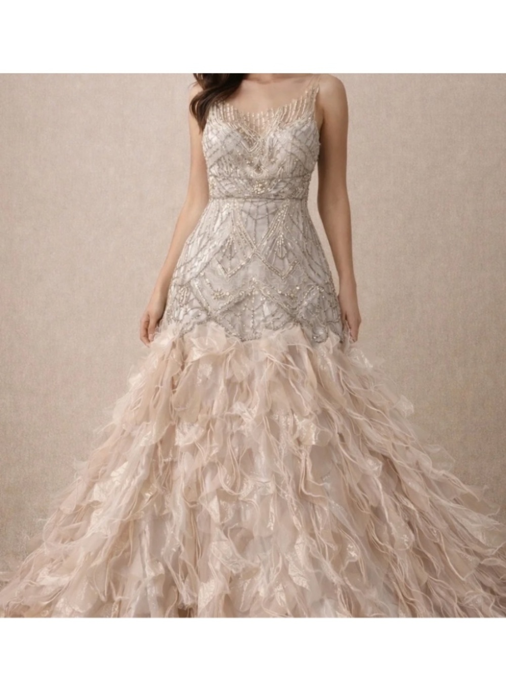 Sue Wong Rare Feather Petal Gown Champagne Silver 2 xs - Picture 2 of 8